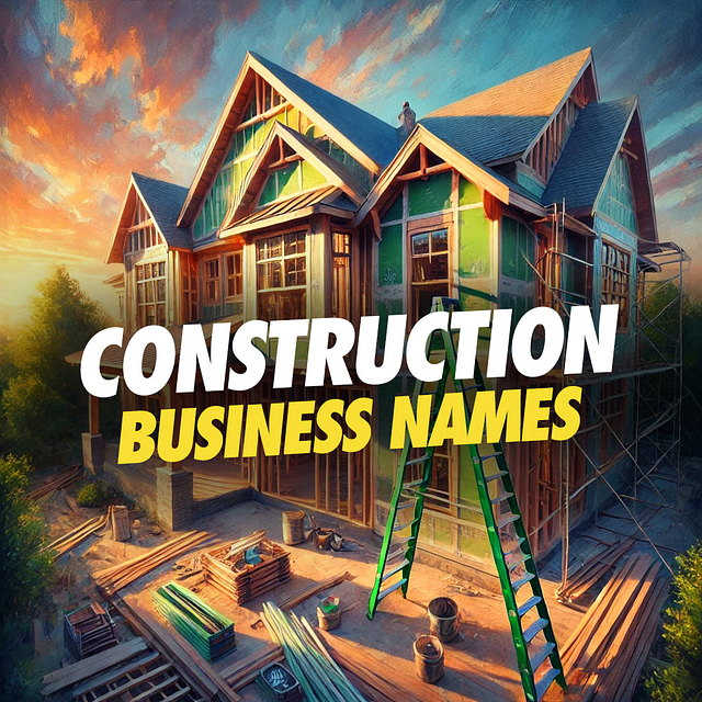 A partially constructed house features green scaffolding and scattered construction materials. Bold white and yellow text reads: "Good Construction Company Names," capturing the essence of success in the construction industry.