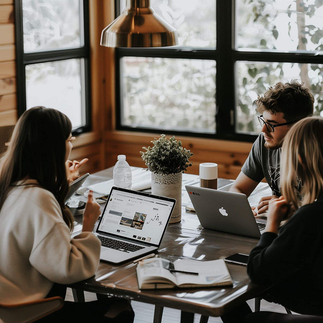 In a cozy, well-lit space with large windows, three individuals collaborate at a wooden table surrounded by open laptops and books. The setting includes a potted plant and a water bottle, fostering an ideal environment for strategic website organization discussions.