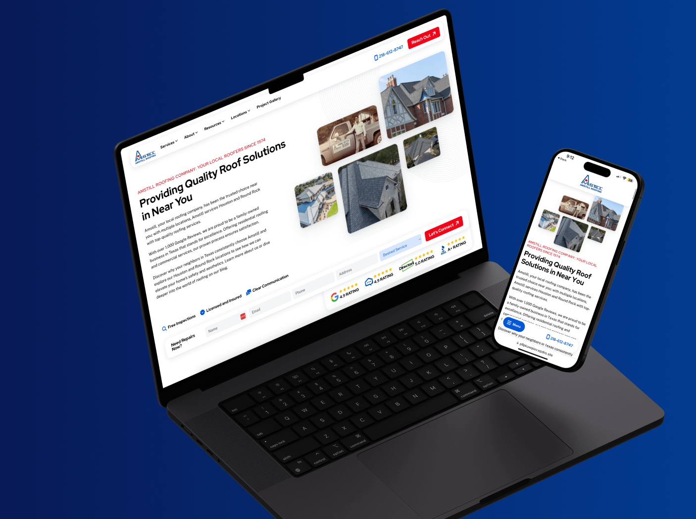 Showcased on a laptop and smartphone, this roofing company's website exemplifies sleek Dallas web design. It features striking roof images, customer reviews, and detailed service information set against a calming blue gradient.