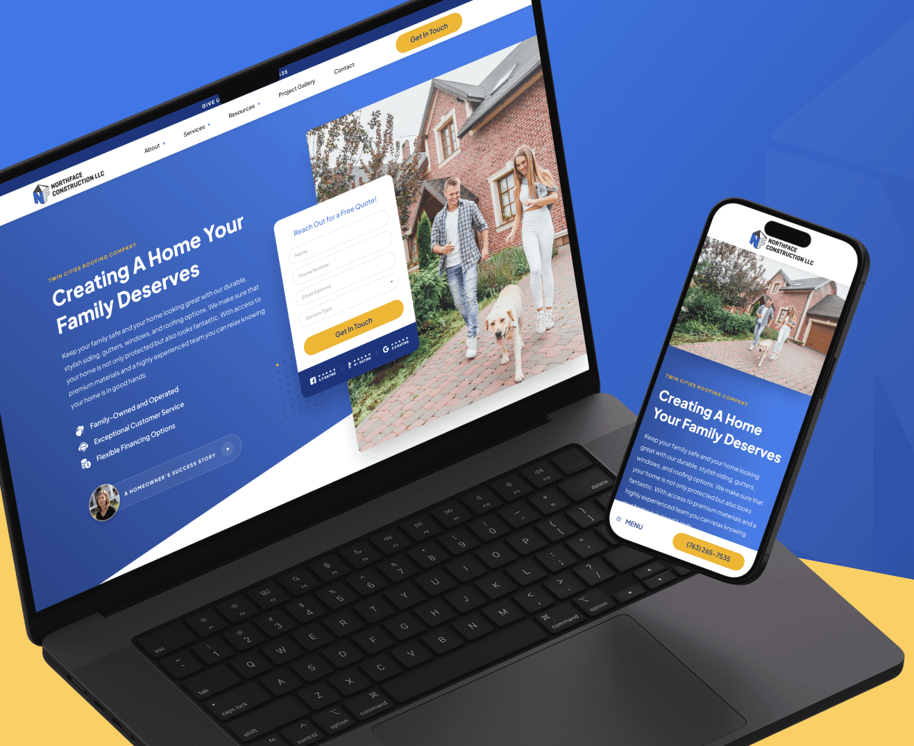 Displayed on a laptop and smartphone, our Minneapolis web design for a real estate site spotlights a family home scene with striking visuals of a family walking their dog. The background's blue and yellow hues complement the vibrant design theme, delivering an engaging user experience.